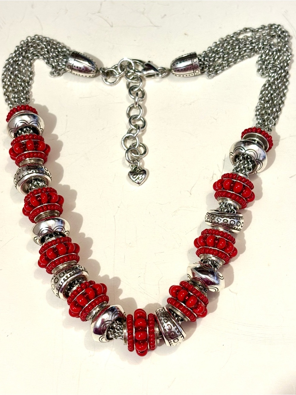 Brighton Global Dreams collar necklace Red & silver beads Silver chain Retired